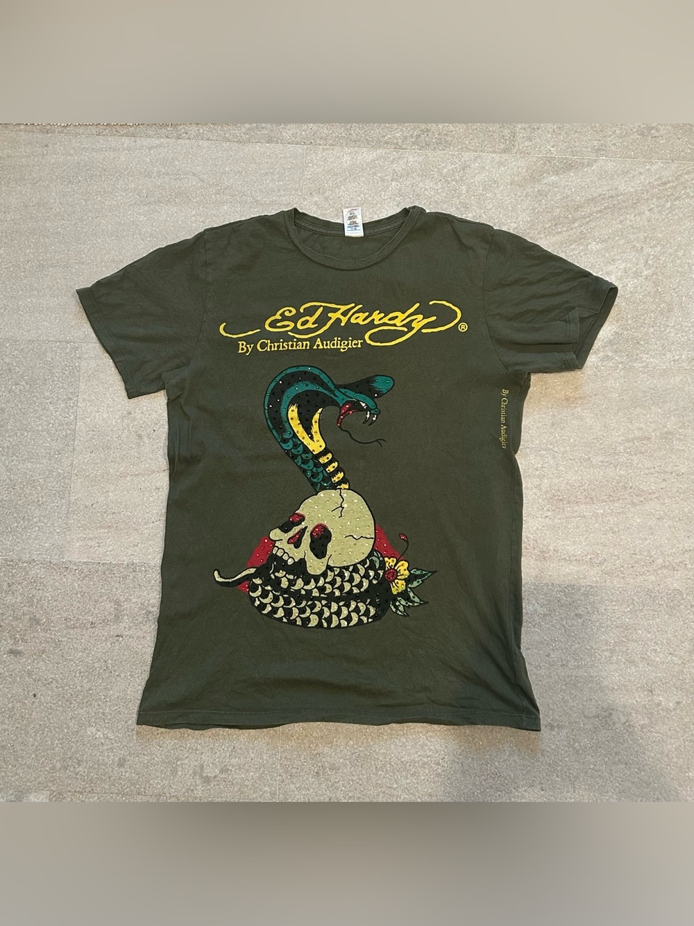 2000’s Ed Hardy Olive Green Graphic Tee with Logo and Multicolor Snake & Skull